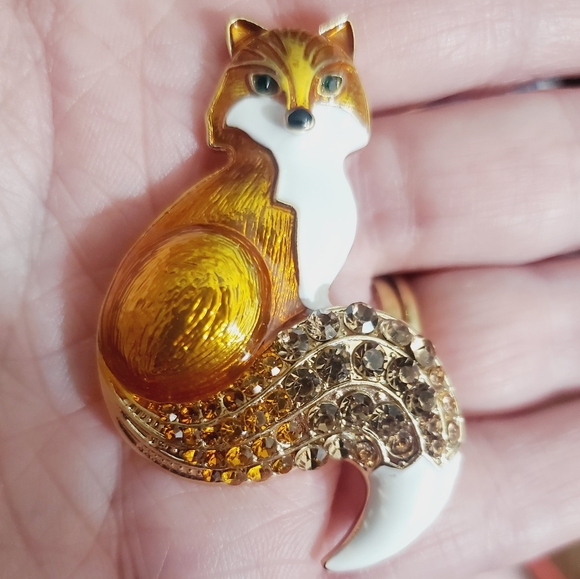 Fox brooch enamel crystal orange copper fall autumn animal woodland pendant - Picture 1 of 14
